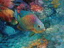 Schilderij van een rode en een blauwe vis bij een koraalrif