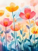 Rode, oranje en gele bloemen op lange stelen tegen een pastelkleurige achtergrond