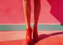 Foto van benen in rode laarzen tegen een roze muur
