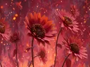 Schilderij van rode gerbera bloemen tegen een vurige gloeiende achtergrond