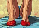 Pop-art close-up van benen met rode gestippelde slippers tegen een grafische achtergrond