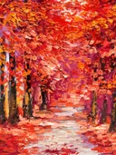 Schilderij van een rode herfstlaan