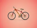 Rode mountainbike gefotografeerd tegen een roze studioachtergrond