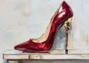 Close-up van een rode lakleren naaldhak met gouden hiel op een houten tafel