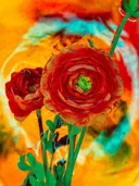 Close-up van rode bloemen tegen een kleurrijke, artistiek bewerkte achtergrond.