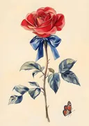 Rode roos met blauw lint en vlinder II, illustratie van een rode roos met blauw lint en een vlinder