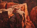 Schilderij van gelaagde rode rotsformaties in een canyon