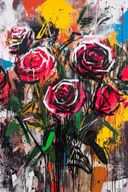Schilderij van een boeket rode rozen met zwarte omtreklijnen op kleurrijke blokkenachtergrond