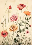 Aquarel schilderij van rode rozen en klaprozen