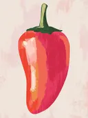 Schilderij van een rode Spaanse peper in vlakke pop-artstijl.