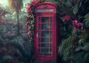 Rode Britse telefooncel omringd door jungleplanten en roze orchideeën