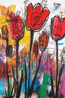 Schilderij van rode tulpen met verborgen krabbeltekens in de bloemblaadjes