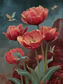 Schilderij van rode tulpen met kolibries onder een sterrenhemel
