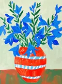 Stilleven met een rode vaas en blauwe bloemen