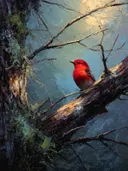 Felrode vogel op tak met nevelige achtergrond, olieverfschilderij
