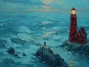 Schilderij van een rode vuurtoren aan een turquoise gekleurde kust met twee figuren
