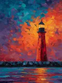 Schilderij van rode vuurtoren bij felle oranje zonsondergang met vogels