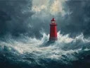 Schilderij van een rode vuurtoren in zware golven op de oceaan
