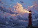Schilderij van een rode vuurtoren tegen een dramatische paarsblauwe stormlucht