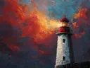 Close-up schilderij van een rode vuurtorentop tegen een vurige oranje lucht