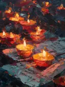 Stilleven schilderij van rode waxinelichtjes op een notenblad