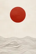 Minimalistisch schilderij met een rode cirkel boven golvende taupe lijnen op crème achtergrond
