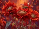 Schilderij van rode zonnebloemen met vlinders tegen een vurig patroon
