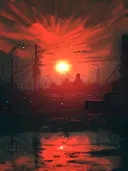 Schilderij van rode zonsondergang in de stad