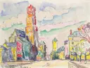 Rodez van Paul Signac: stad met kathedraal, huizen, straat en bomen, in fel rood, geel en blauw