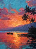 Schilderij van een roeiboot bij een kleurrijke zonsondergang