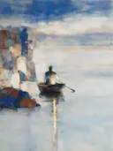 Schilderij: roeiboot in de ochtendmist