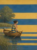 Schilderij van roeiboot in het riet in delfsblauw en mosterd, in vlakke kleurvlakken