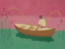 Schilderij van roeiboot in het riet in framboos en jade