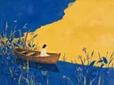 Schilderij van roeiboot in het riet in kobalt en saffraan, in vlakke kleurvlakken