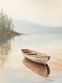 Schilderij van een lege roeiboot op een rustig meer.