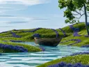 Houten roeiboot op kalm water tussen groene heuvels begroeid met lavendel.