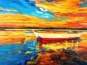 Schilderij van roeibootjes bij zonsondergang