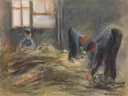 Rohrflechter van Max Liebermann: interieur met werkplaats, mannen, raam en riet, in gedempt grijsbruin