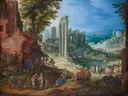 Roman Ruins Landscape van Paul Bril: stad met ruines, zuilen, figuren en vee, in blauw, groen en roodbruin