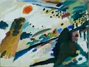 Romantic Landscape van Wassily Kandinsky: landschap met zon, helling, bomen en kleurvlakken, in geel, blauw en groen