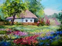 Schilderij van een romantische cottage met bloementuin