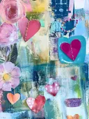 Collage met roze rozen en gestikte hartjes op een blauwgroene achtergrond