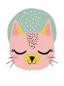 Schilderij met een grafisch rond kattengezicht in pastelkleuren