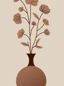 Illustratie van bruine bloemtakken in een ronde aardewerken vaas op een beige achtergrond.