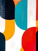 Abstract schilderij met ronde boogvormen in teal en oranje