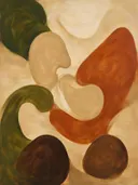 Ronde vormen in drie lagen aardetinten, abstract schilderij met organische vormen