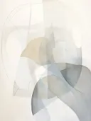 Abstract werk met transparante ronde vormen in zand- en grijstinten.
