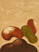 Ronde vormen op aardse bodem, abstract schilderij met organische vormen