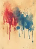 Rood blauw verfdruppels, abstract schilderij met rode en blauwe verfdruppels op beige achtergrond