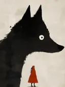 Klein figuurtje in het rood tegenover een gigantische zwarte wolf